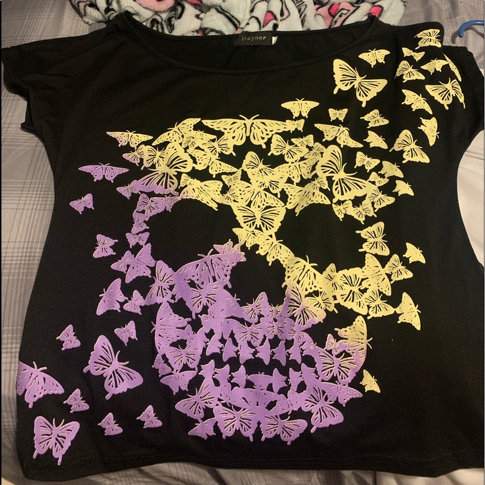 Skull Butterflies Off one shoulder Tee